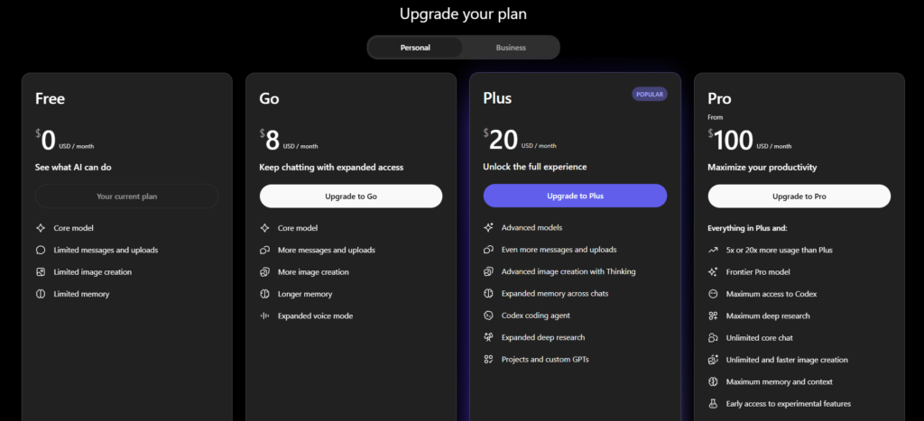 ChatGPT Plus pricing 2026 - Free Go Plus Pro plans USD