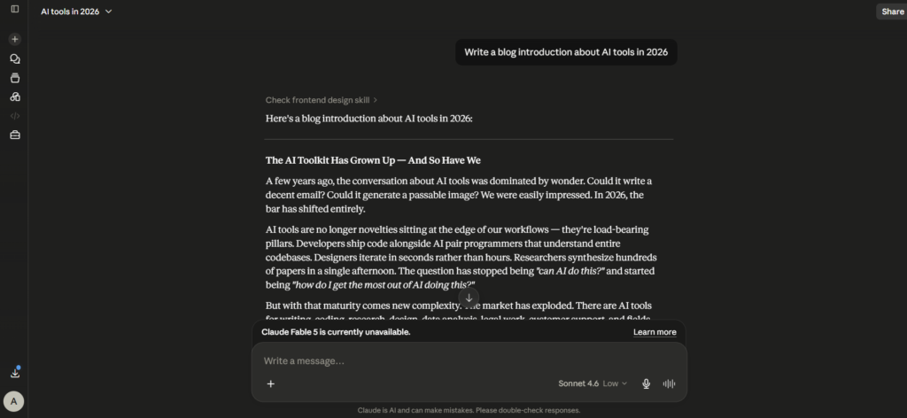 Claude AI free plan showing blog introduction response 2026